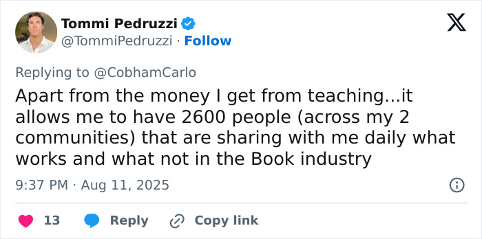 Screenshot of a tweet about a 27-year-old entrepreneur using AI in the book industry, discussing community insights and revenue.