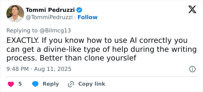 Screenshot of a tweet by Tommi Pedruzzi discussing using AI for writing and publishing books.