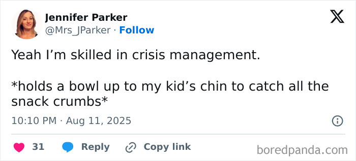 Tweet about crisis management humorously catching snack crumbs from a kid, highlighting funny parenting moments in viral tweets.