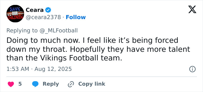 Tweet criticizing male cheerleaders on American football team, reflecting debate on men infiltrating women's spaces in sports.