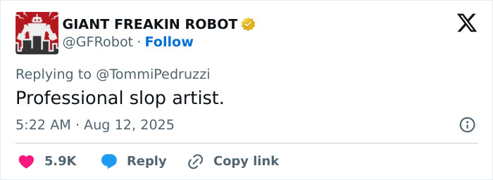 Screenshot of a social media post showing a comment about a professional slop artist on a tech discussion platform.