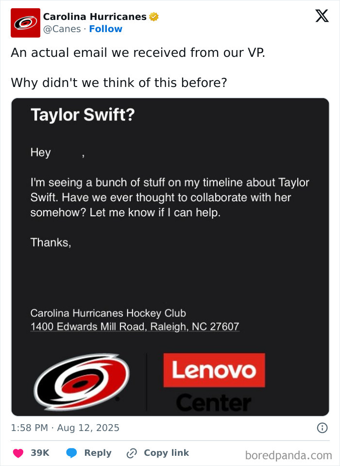 Funny and relatable tweet from Carolina Hurricanes showing an email suggesting collaboration with Taylor Swift amid news overload.