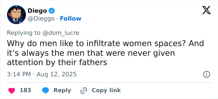 Tweet discussing why men like to infiltrate women spaces, highlighting opinions on male presence in female-dominated areas.