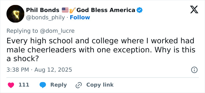 Tweet from Phil Bonds questioning why male cheerleaders in school and college settings is considered a shock, highlighting debate over male cheerleaders.