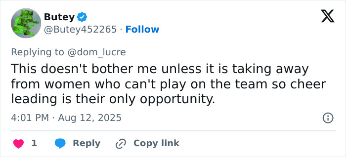 Screenshot of a Twitter reply discussing men infiltrating women&rsquo;s spaces in cheerleading on American football teams.