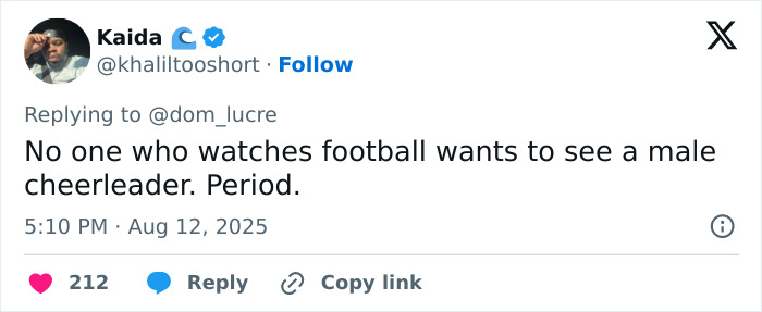 Tweet expressing opposition to male cheerleaders on an American football team, sparking debate about men in women's spaces.