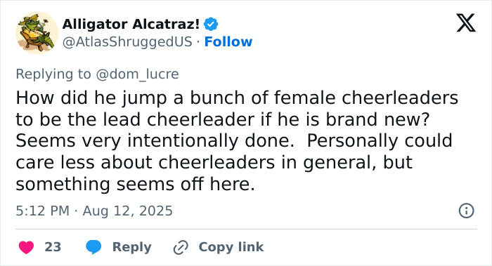 Tweet discussing male cheerleaders and concerns about men infiltrating women's spaces in American football teams.