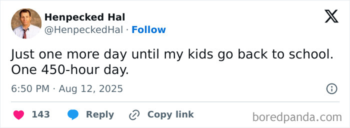 Tweet by Henpecked Hal humorously mentioning kids going back to school, reflecting funny parent moments in kids tweets.