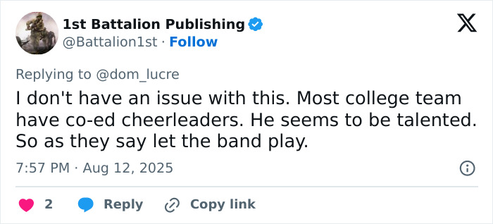 Tweet discussing acceptance of male cheerleaders in college teams, highlighting talent and co-ed cheerleading in sports spaces.