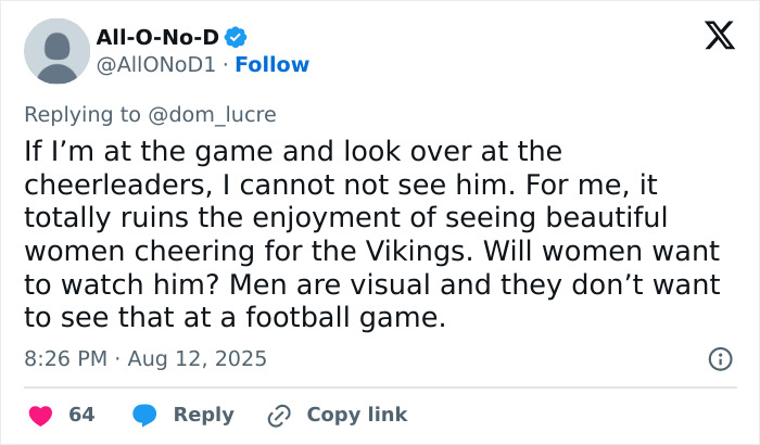 Tweet discussing controversy over male cheerleaders and why men like to infiltrate women's spaces at football games.