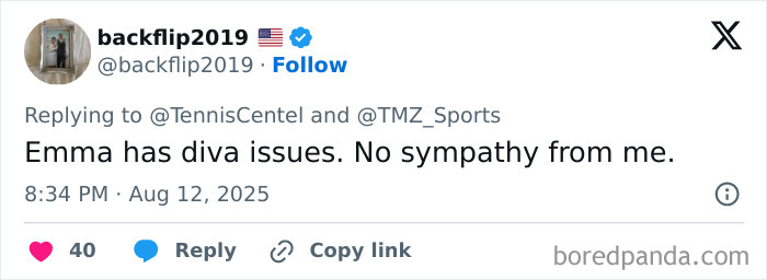 Tweet from user backflip2019 commenting on a tennis star&rsquo;s diva issues during a match meltdown over a crying baby.