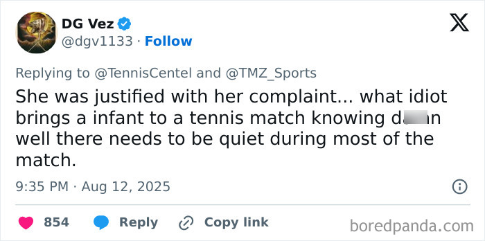 Tweet screenshot showing a user defending a tennis star halting match due to a crying baby disruption during play.
