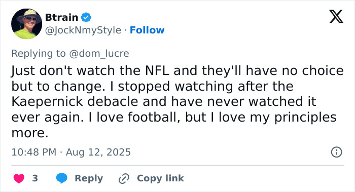Tweet about boycotting NFL over principles, reflecting debate on male cheerleaders and men infiltrating women's spaces.