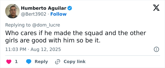 Tweet from Humberto Aguilar discussing acceptance of male cheerleaders joining a female squad and mixed reactions to infiltration of women's spaces.