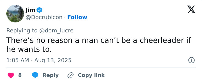 Screenshot of a tweet supporting male cheerleaders on an American football team, highlighting divided opinions on male infiltration.