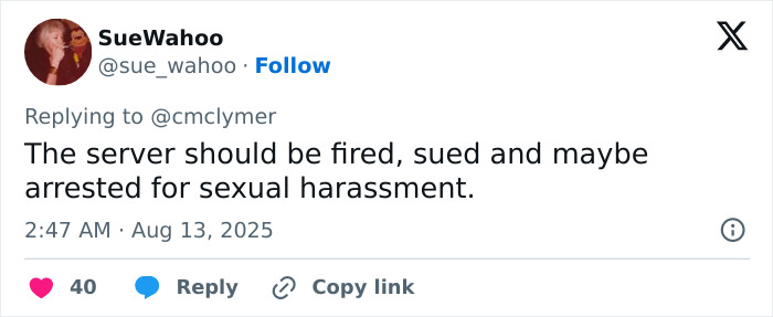Tweet screenshot showing user SueWahoo stating the restaurant server should be fired for forcing teen to prove gender.