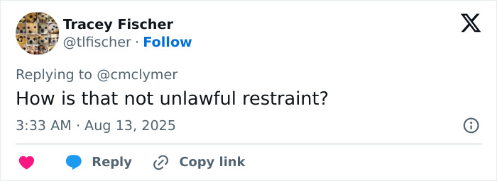 Tweet from user Tracey Fischer questioning unlawful restraint related to teen and restaurant server gender proof altercation.