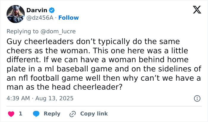 Tweet discussing male cheerleaders on an American football team and debates over men in women's spaces.