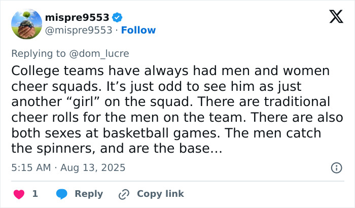 Tweet discussing male cheerleaders on college teams and the division over men in traditionally female cheer spaces.