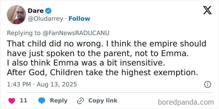 Screenshot of a tweet discussing tennis star&rsquo;s meltdown over crying baby during match, sparking crowd reaction.