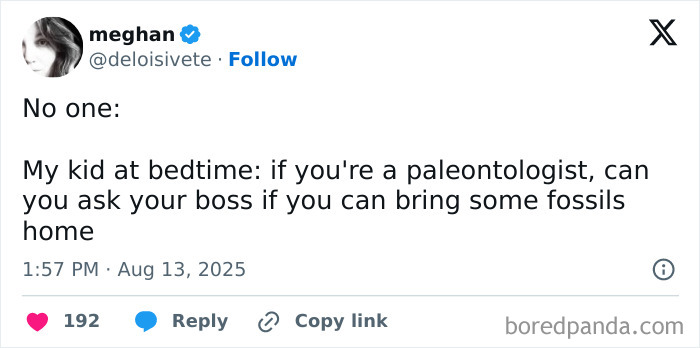 Tweet by Meghan humorously about a kid asking a paleontologist for fossils at bedtime, highlighting funny parent tweets.
