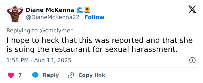 Tweet by Diane McKenna expressing hope that a teen suing a restaurant server over gender proof demand and harassment.