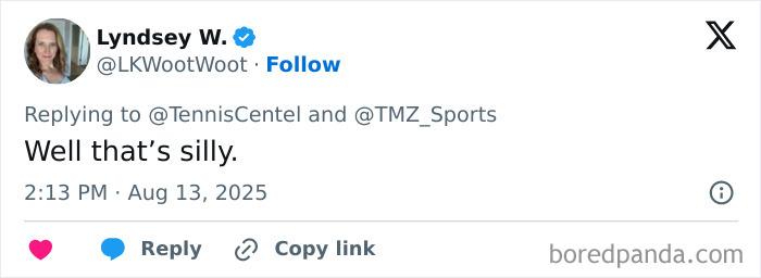 Twitter user Lyndsey W. replying to a tweet about a tennis star halting match over crying baby meltdown.