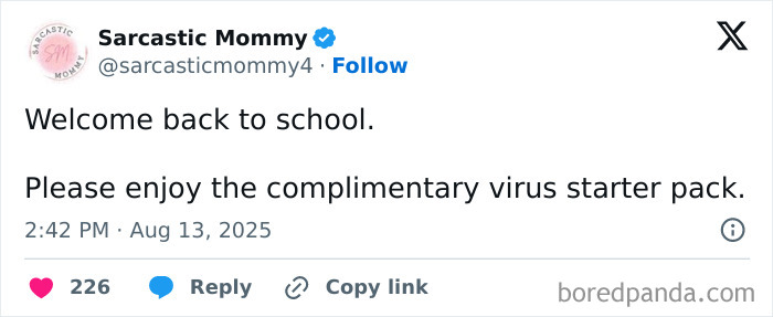 Tweet from Sarcastic Mommy humorously welcoming back to school with a complimentary virus starter pack, funny parenting tweets.