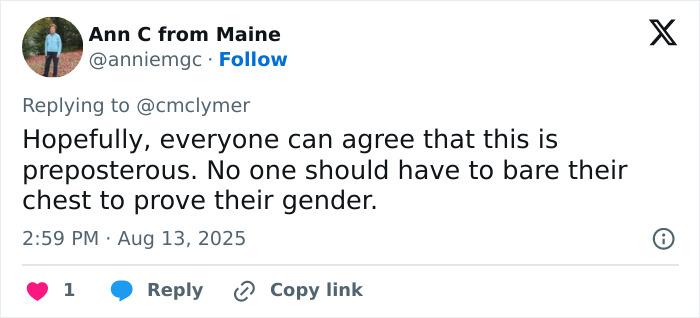 Tweet from Ann C from Maine criticizing a restaurant server forcing a teen to prove her gender in an altercation.