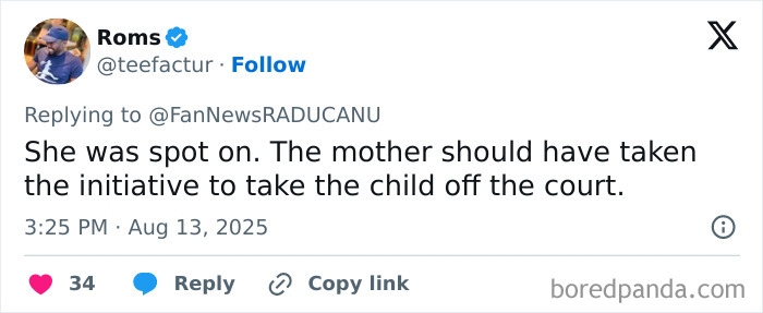 Screenshot of a tweet commenting on a tennis star halting a match due to a crying baby disrupting the game.