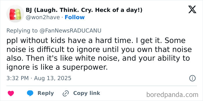 Tweet discussing challenges of ignoring noise, relating to tennis star halting match in meltdown over crying baby.