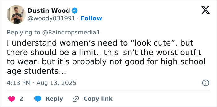 Tweet discussing a teacher sparking a viral debate about showing off too many curves in back-to-school outfits.