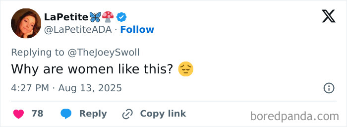 Screenshot of a tweet replying to Joey Swoll questioning women's behavior with a displeased emoji.