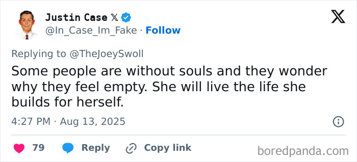 Tweet from Justin Case replying to Joey Swoll about people lacking empathy and consequences of their actions.