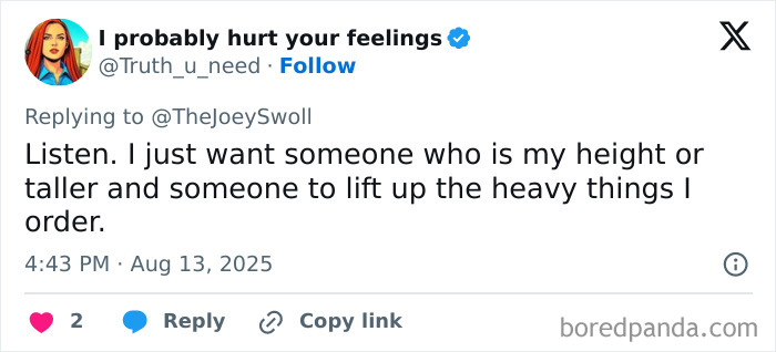 Tweet reply to Joey Swoll discussing height preferences and lifting heavy items in response to a controversial comment about men under 5'10"
