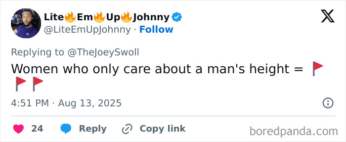Tweet from Lite Em Up Johnny criticizing women who focus only on men&rsquo;s height in response to Joey Swoll&rsquo;s discussion on height stereotypes.