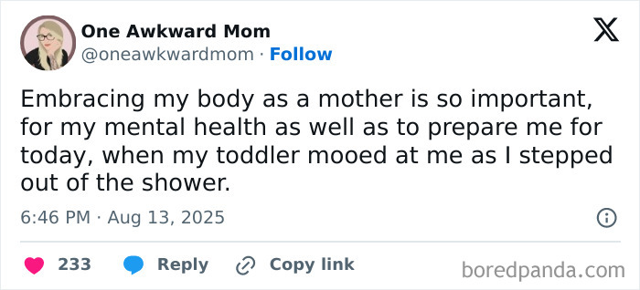 Tweet from One Awkward Mom about motherhood and mental health, fitting the theme of tweets that might make you chuckle.