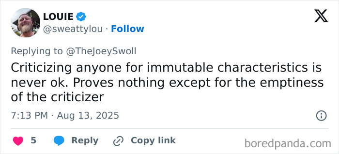 Screenshot of a tweet applauding Joey Swoll for addressing criticism of men under 5'10" calling height-based insults unfair.