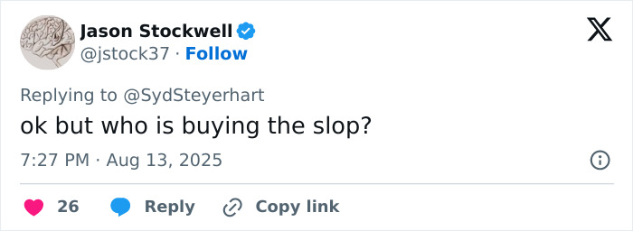 Screenshot of a tweet by Jason Stockwell questioning who is buying the AI-published books making millions.