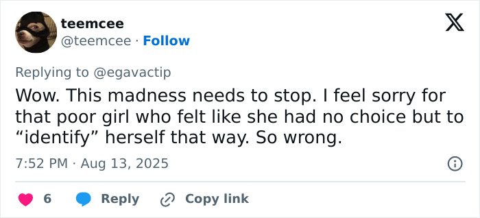 Tweet from user teemcee expressing sympathy for a teen forced to prove her gender in a disturbing restaurant altercation.