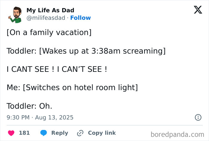 Tweet from My Life As Dad humorously recounting a toddler waking up screaming on a family vacation with SEO keyword tweets.