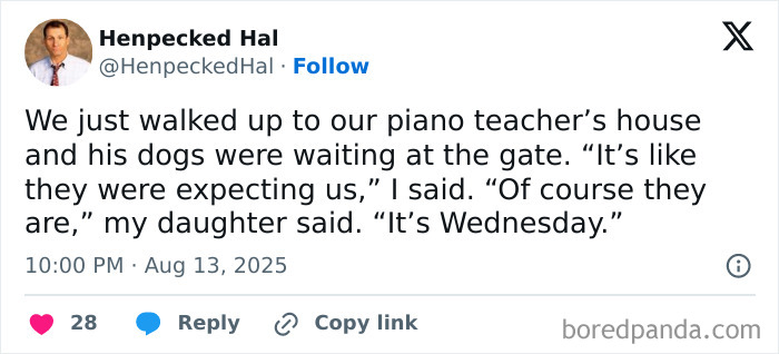 Tweet about a humorous family moment shared by Henpecked Hal, featured in funny tweets about kids humor.