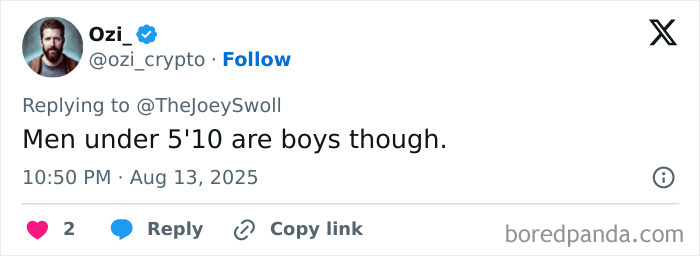 Tweet screenshot showing a user replying about men under 5'10 with a comment on height, linked to Joey Swoll debate.