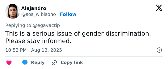 Tweet from Alejandro addressing gender discrimination in a restaurant server altercation, urging people to stay informed.