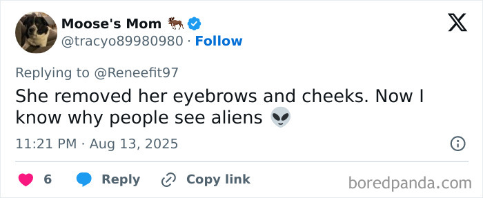 Social media user comments on trend of not having eyebrows, mentioning alien-like appearance and viral Miley Cyrus Gucci pic.