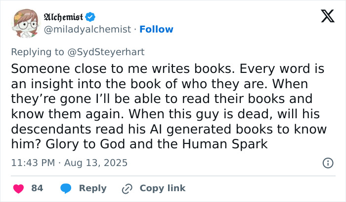 Tweet discussing AI generated books by an entrepreneur, reflecting on legacy and impact of AI in publishing.