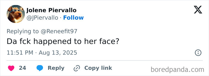 Social media user reacting to Miley Cyrus viral Gucci photo sparking debate on trend of not having eyebrows.