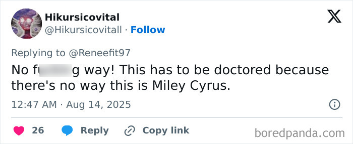 Social media reaction tweet expressing disbelief about Miley Cyrus&rsquo;s eyebrow trend in the viral Gucci picture.