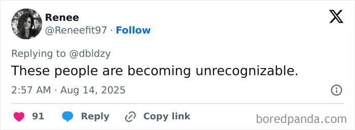 Screenshot of a social media reply discussing the trend of not having eyebrows and people becoming unrecognizable.