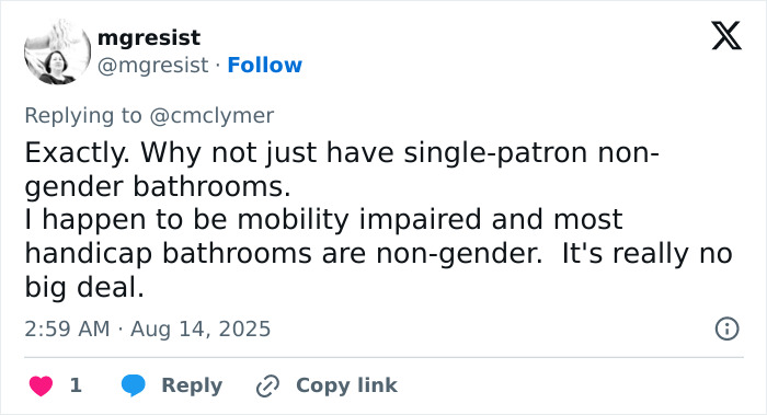 Tweet discussing support for single-patron non-gender bathrooms amid teen forced to prove gender in restaurant.